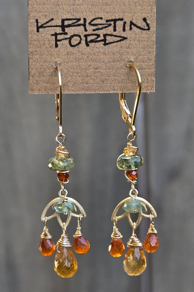 One of a Kind GF) Citrine, Hessonite, Green Kyanite & Green Apatite Earrings