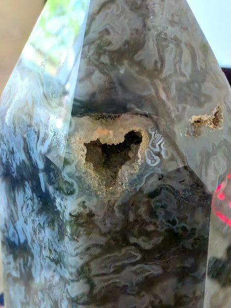 One of a Kind Moss Agate Tower with Druzy Heart Pocket