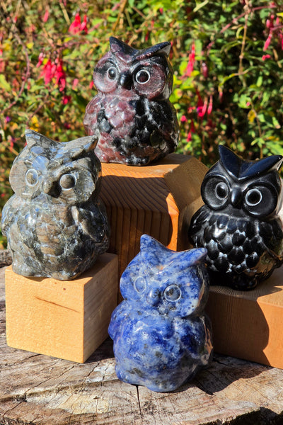 Gemstone Owls — Garnet, Sodalite, Black Obsidian & Que Sera