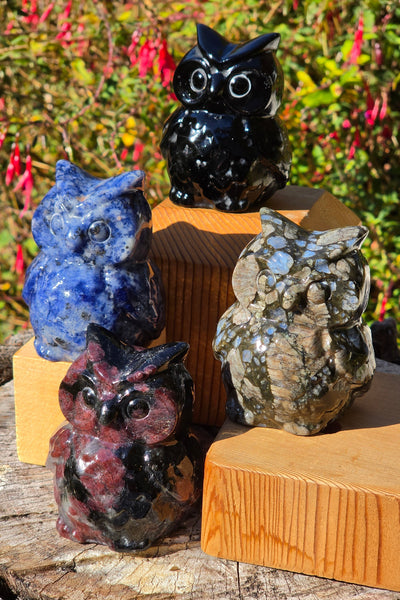 Gemstone Owls — Garnet, Sodalite, Black Obsidian & Que Sera