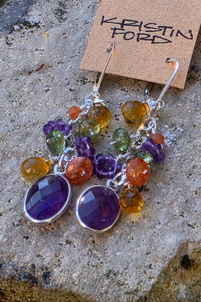 One of a Kind Amethyst, Citrine, Sunstone, Green Apatite & Peach Moonstone Earrings