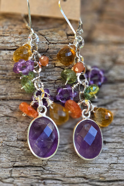 One of a Kind Amethyst, Citrine, Sunstone, Green Apatite & Peach Moonstone Earrings