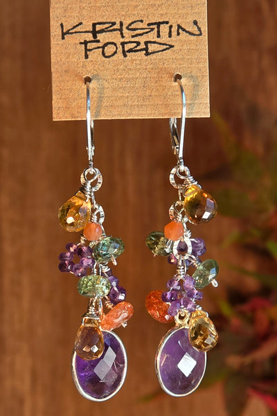 One of a Kind Amethyst, Citrine, Sunstone, Green Apatite & Peach Moonstone Earrings