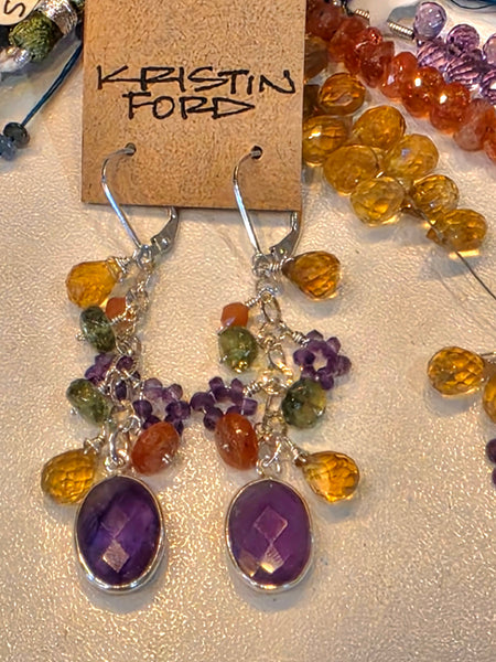 One of a Kind Amethyst, Citrine, Sunstone, Green Apatite & Peach Moonstone Earrings