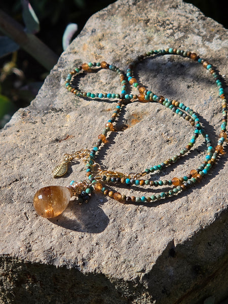 Limited Edition GF) Golden Rutilated Quartz, Turquoise & Hessonite Necklace.