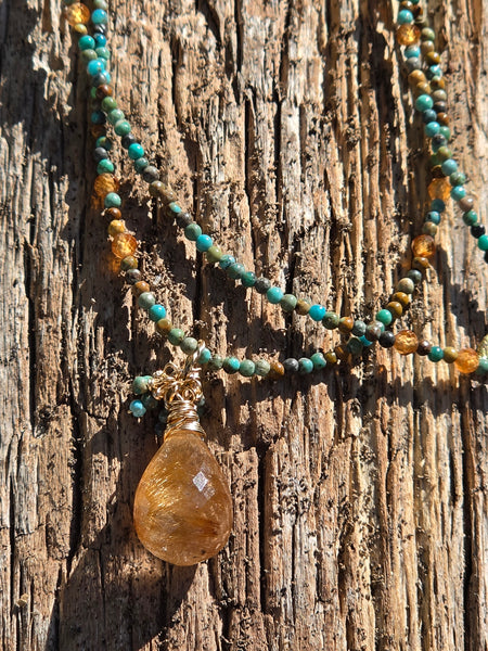 Limited Edition GF) Golden Rutilated Quartz, Turquoise & Hessonite Necklace.