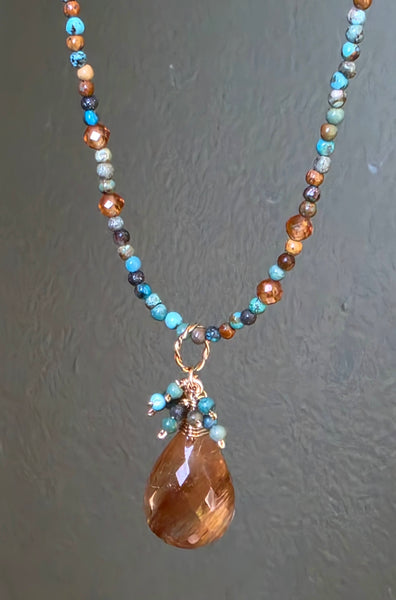 Limited Edition GF) Golden Rutilated Quartz, Turquoise & Hessonite Necklace.