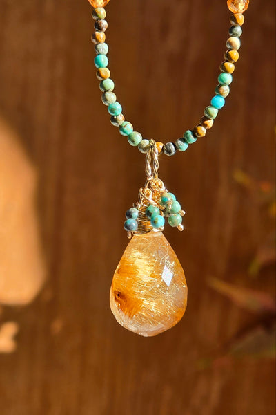Limited Edition GF) Golden Rutilated Quartz, Turquoise & Hessonite Necklace.