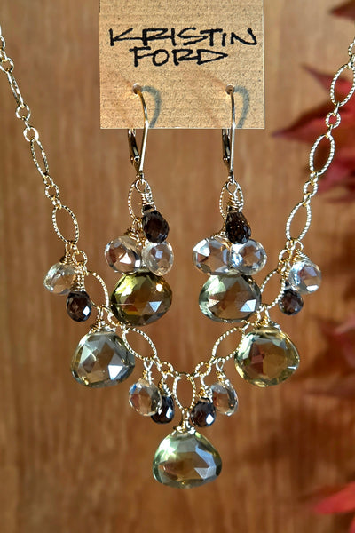 GF) One of a Kind Olive, Champagne & Smoky Quartz Necklace & Earring Set