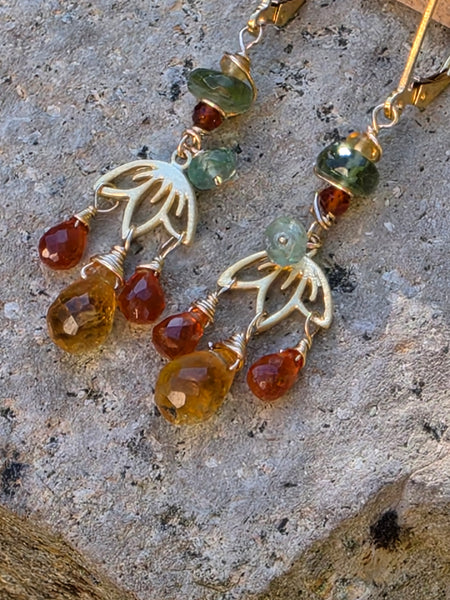 One of a Kind GF) Citrine, Hessonite, Green Kyanite & Green Apatite Earrings