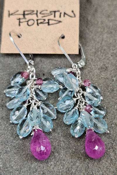 One of a Kind Ruby, Aquamarine & Rhodolite Earrings