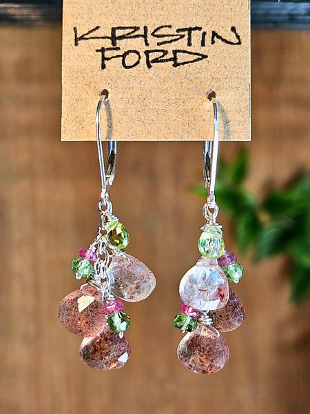 Strawberry Quartz, Peridot, Ruby & Green Apatite Earrings   ERD4826