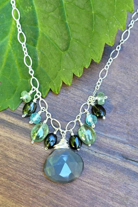 Black Moonstone, Green Kyanite, Green Tourmaline & Apatite Necklace NBK1022