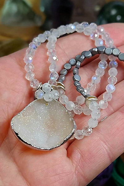 One of a Kind White Druzy Agate, Rainbow Moonstone and Hematite Necklace