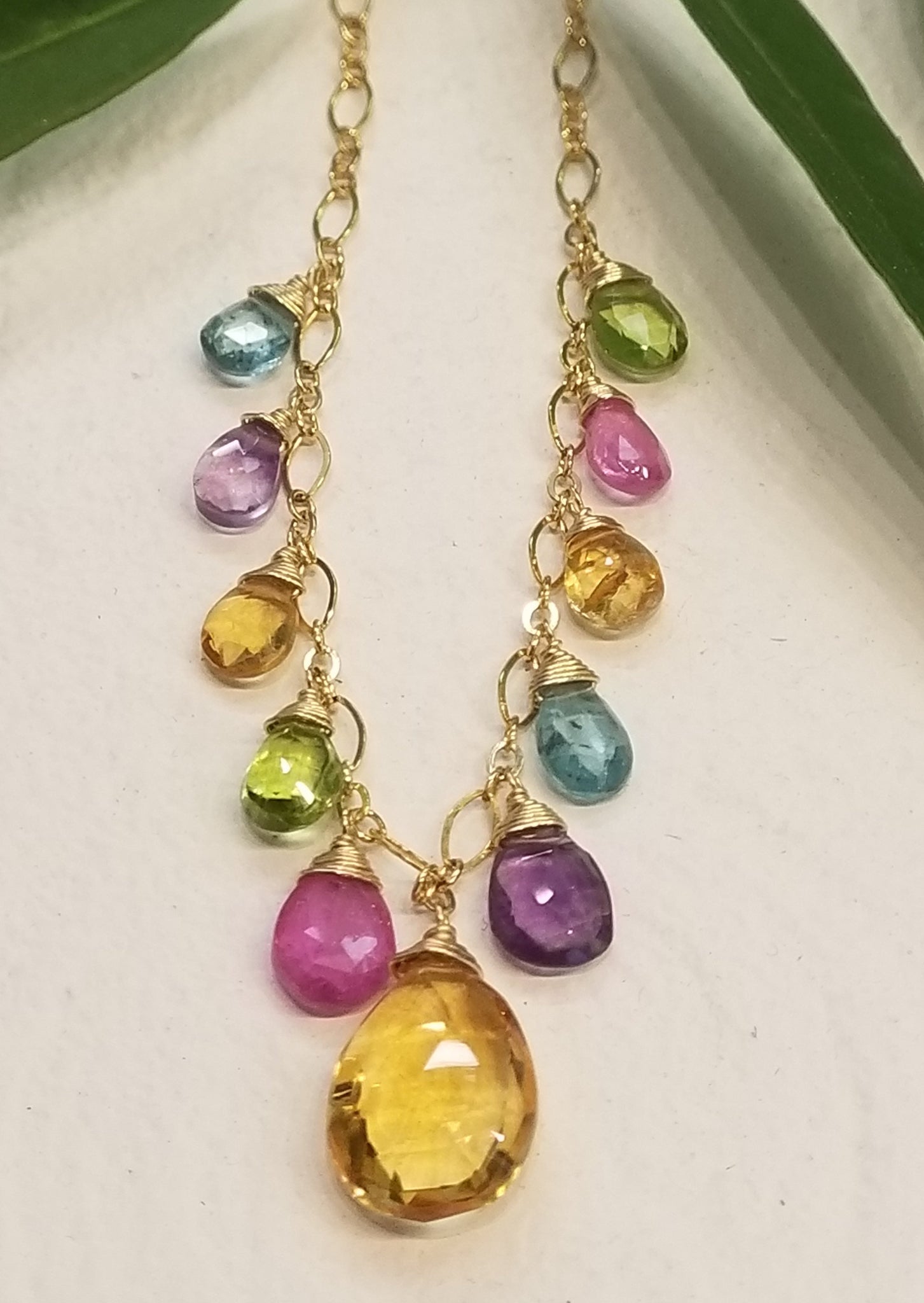 14k Gold Filled Multi Color Tropical Briolette Drop Necklace NWH0612G