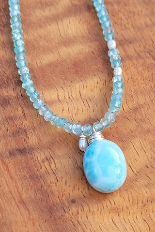 Larimar, Apatite & Fresh Water Pearl Necklace NBL1022