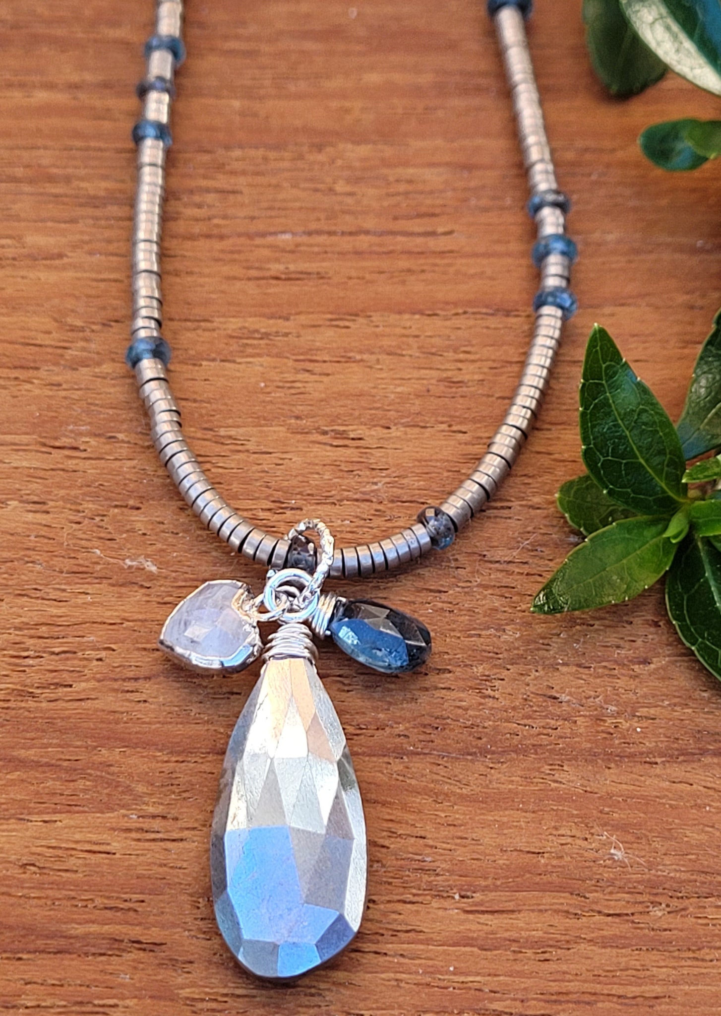 Silver & Rainbow Moonstone w/Kyanite & Hematite Necklace NBK2722