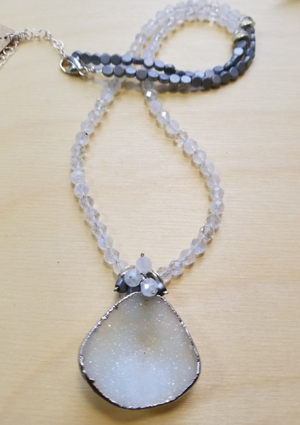 White Druzy Agate, Rainbow Moonstone and Hematite Necklace N145