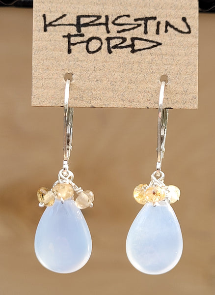 Blue Chalcedony "Saucer" w/Topaz & Fresh Water Pearl Earrings EBL1622