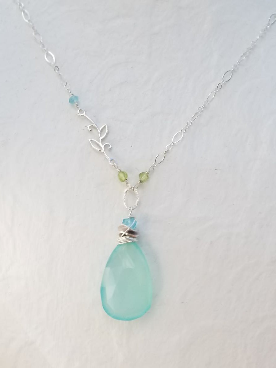 Chalcedony Briolette with Apatite, Peridot, and Silver Branch Necklace NBL1616