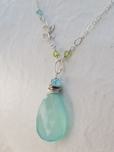 Chalcedony Briolette with Apatite, Peridot, and Silver Branch Necklace NBL1616