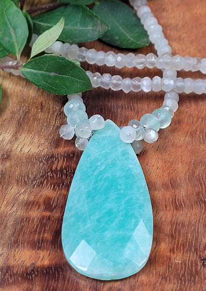 Amazonite, Silver Moonstone & Chalcedony Necklace NWH0222