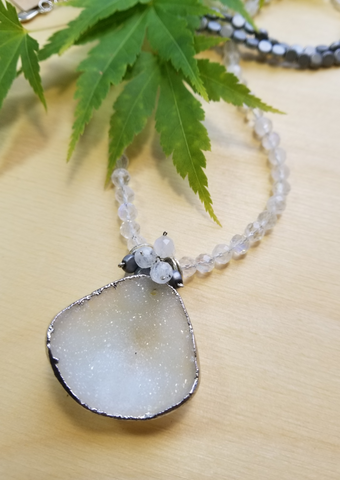 White Druzy Agate, Rainbow Moonstone and Hematite Necklace N145